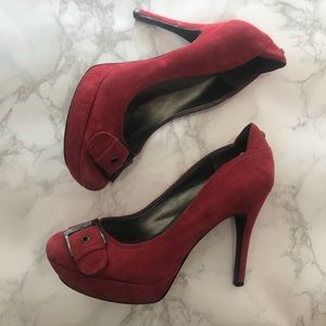 Guess Red Suede Heels with Buckle Detail
